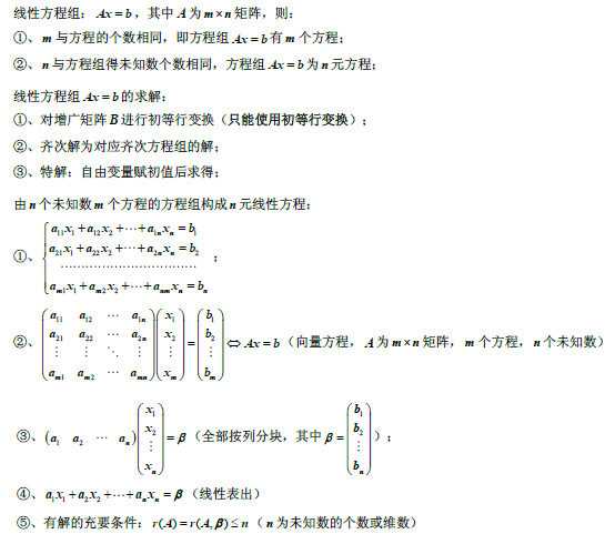 2019考研数学线性代数公式：线性方程组